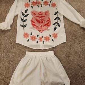 White Shirt and Shorts Set with Red Tiger and Floral Design